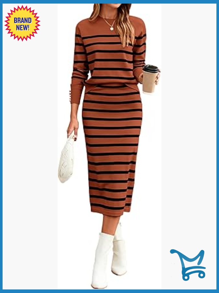 2 Piece Striped Knit Skirt Set - Long Sleeve Midi Lounge Travel Outfit